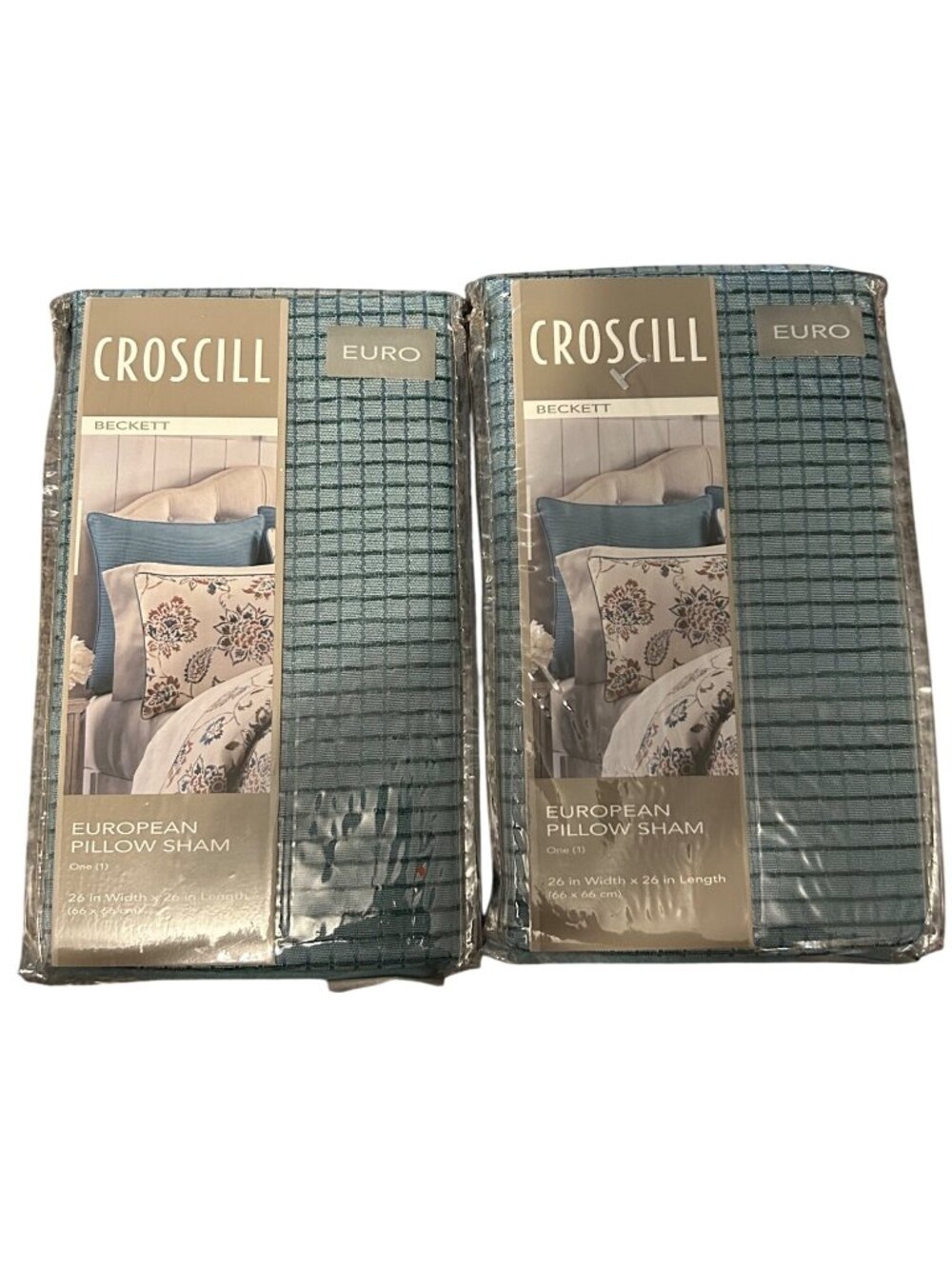 Croscill Beckett European Pillow Shams Set Of 2 26"x26" Blue Grid Pattern Cotton